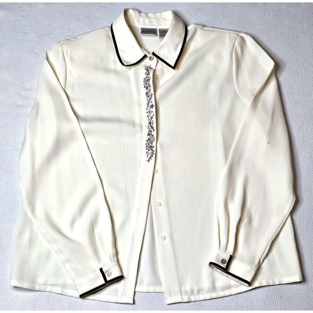 Vintage Koret Women Size 14 Ivory Blouse With Embroidered Floral Design & Velvet